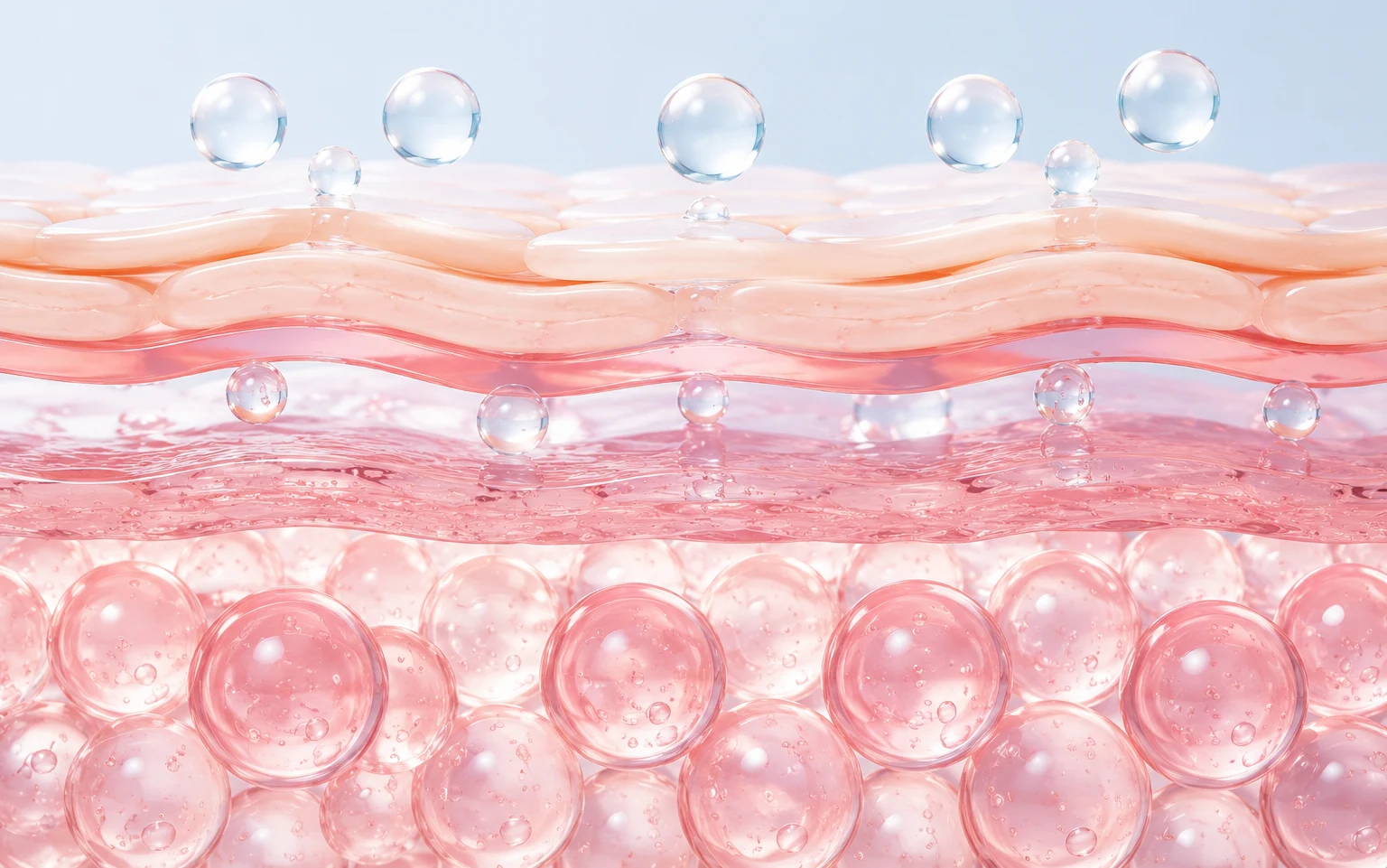 Cross-section of a skin barrier with moisture droplets settling on the surface and hydrated cells layered beneath it