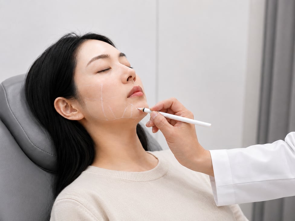 Doctor mapping treatment lines before a Sofwave session at DayBeau Gangnam