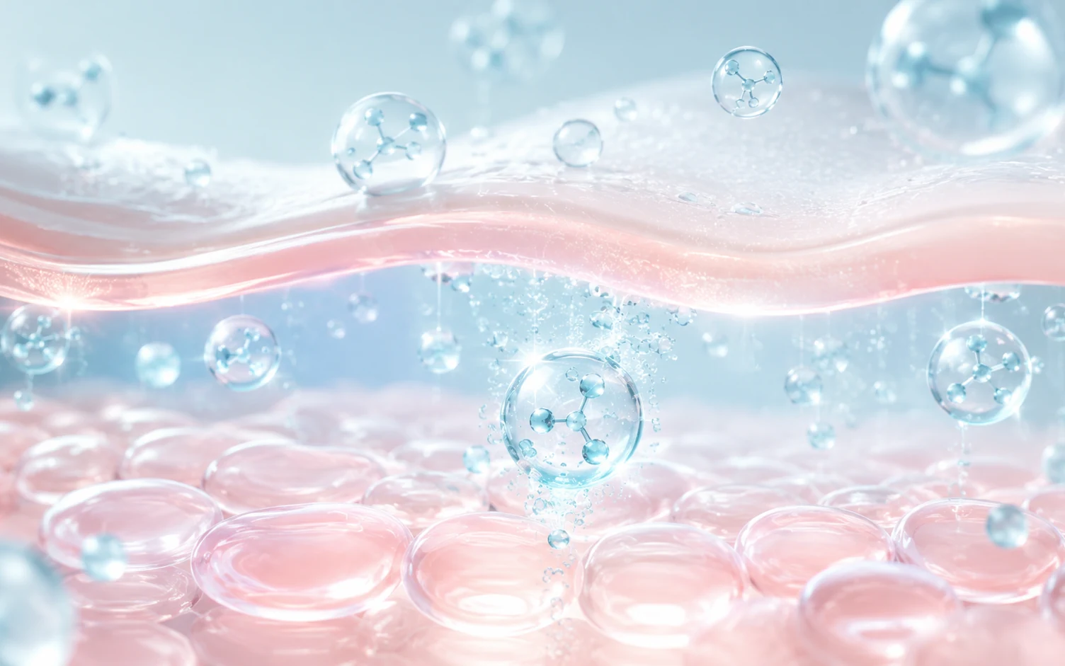 Cross-section of skin layers with matrix particles settling into the dermis beneath the surface
