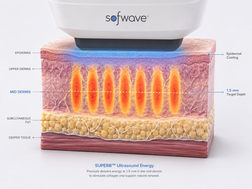 How Sofwave works — 1.5mm mid-dermis single-zone diagram