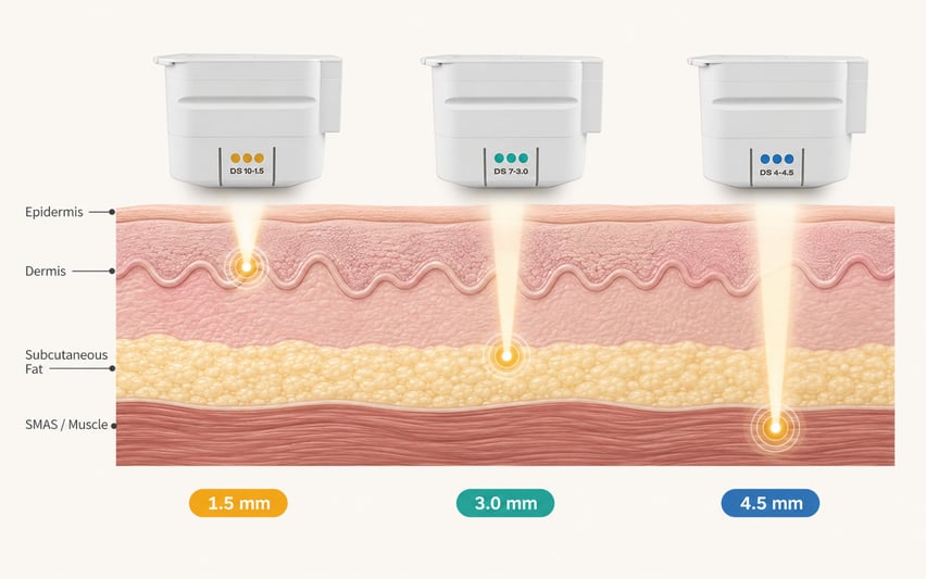 How Ultherapy works — skin layers and 1.5/3.0/4.5mm energy depths diagram